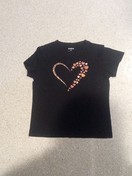 SHEIN Tops - #802 "SHEIN" Black Tee with Leopard Heart and Pink-Orange Accents